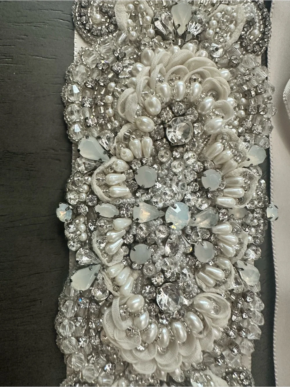 Handmade Ivory Satin Bridal Belt with Crystal & Pearl Applique